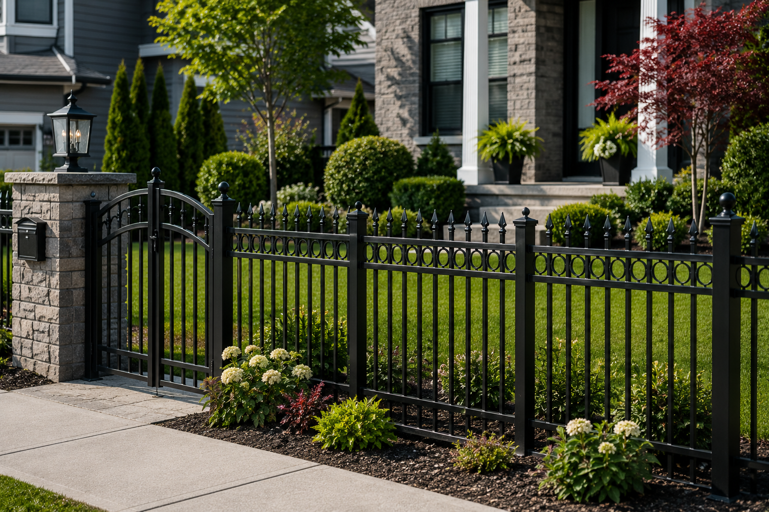 Black aluminum ornamental fence installed around a front yard