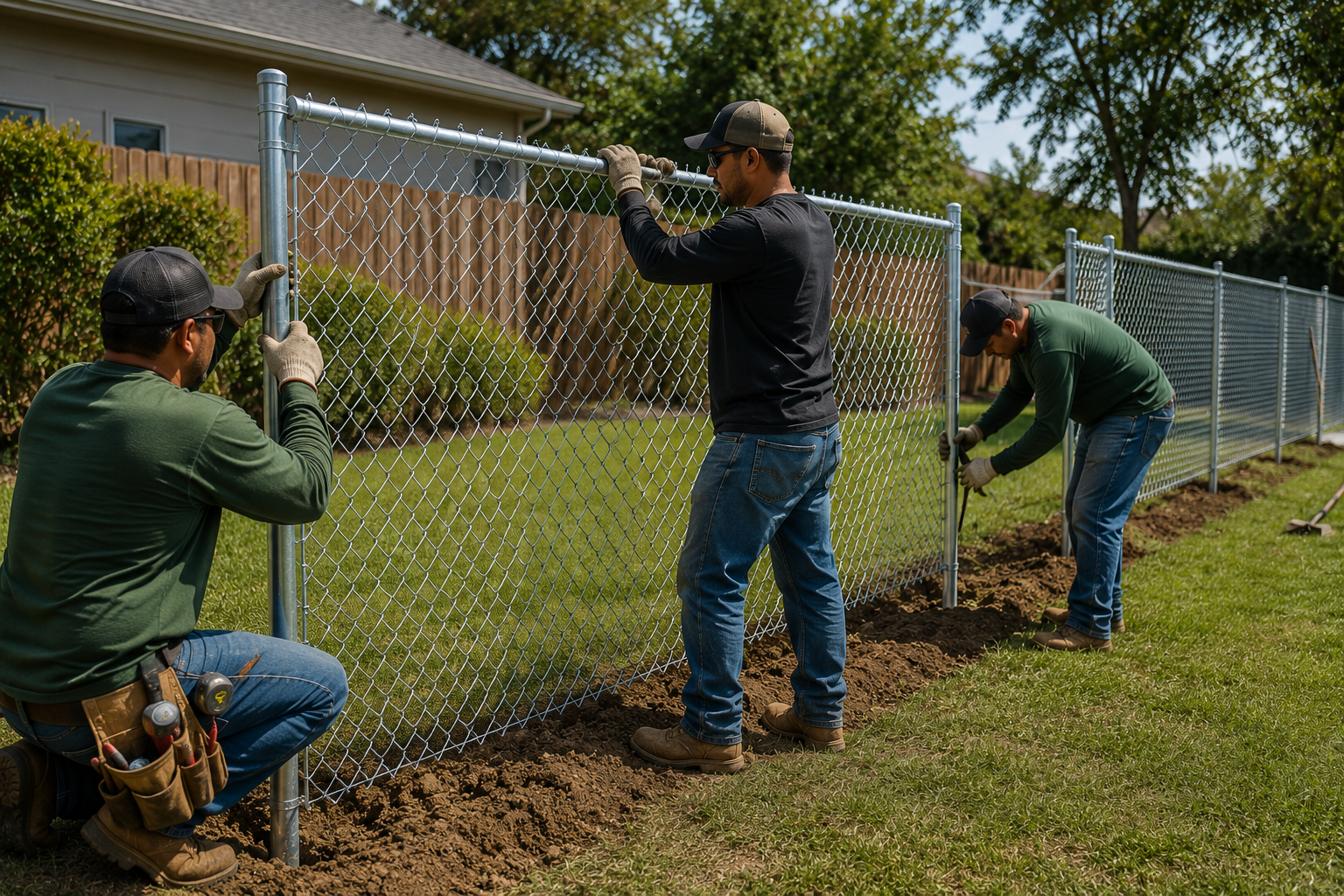 Crew installing a galvanized chain-link fence section