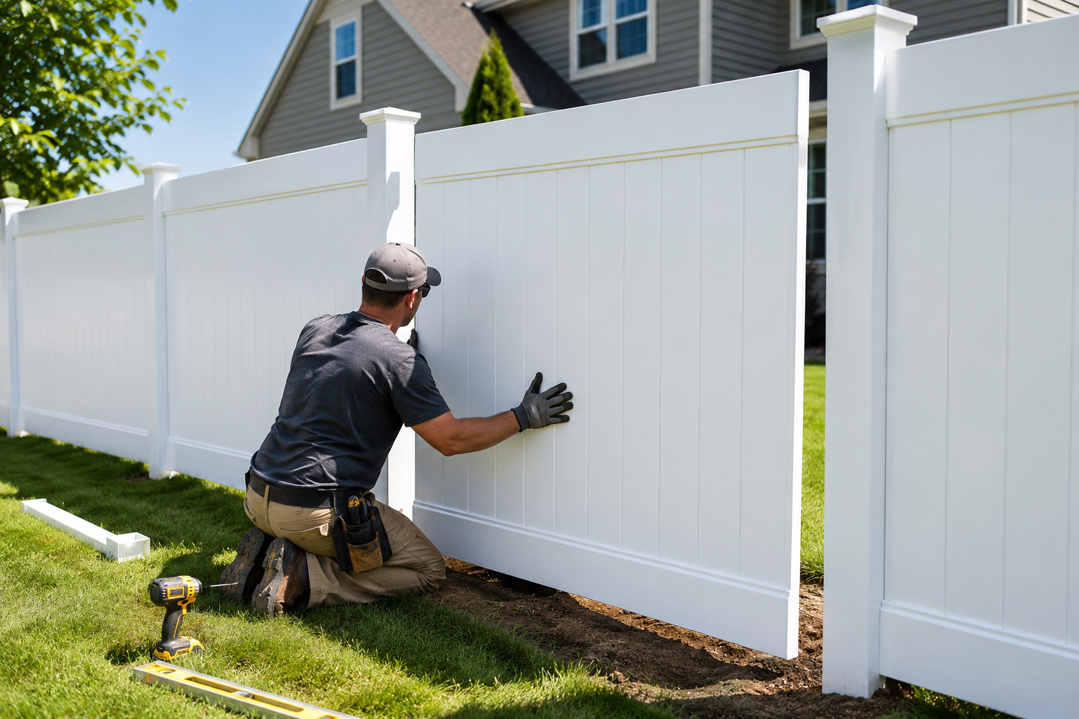 Worker installing a white vinyl fence panel section