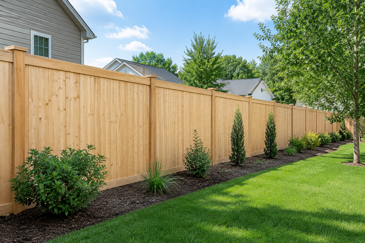 Newly installed wood privacy fence panels along a backyard